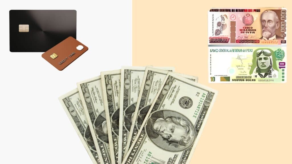 Peruvian currency and American currency