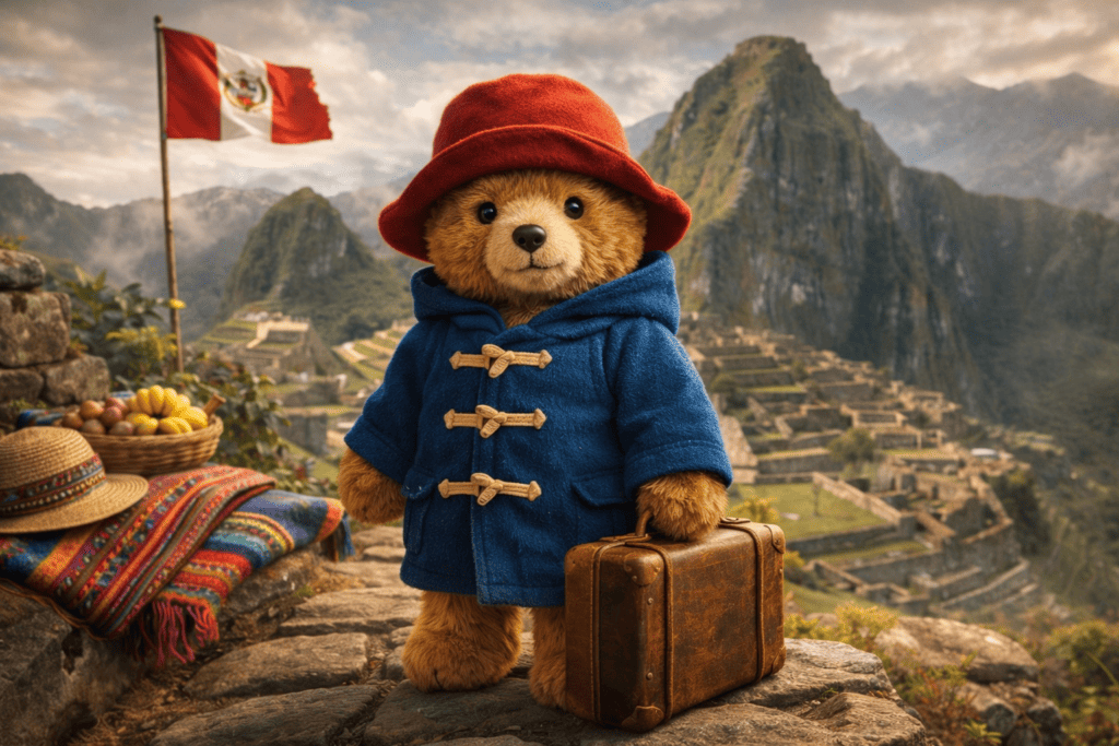 Padding is a bear exploring Machu Picchu in Peru.