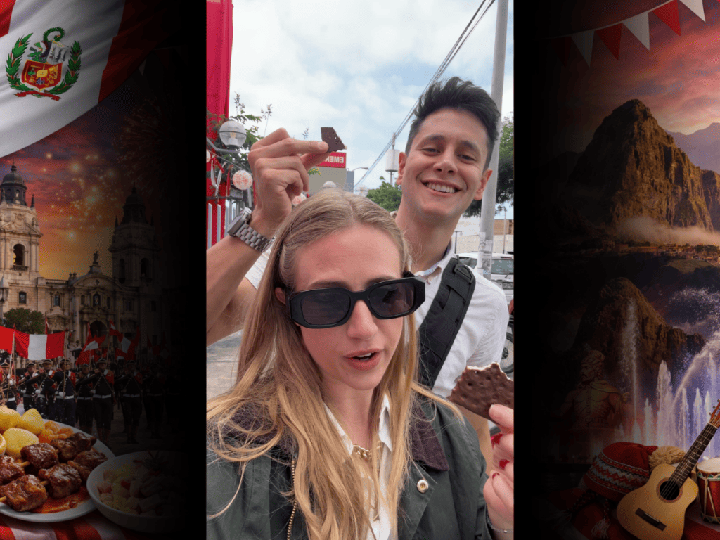 A couple enjoys Peruvian snacks during Independence Day in Peru.