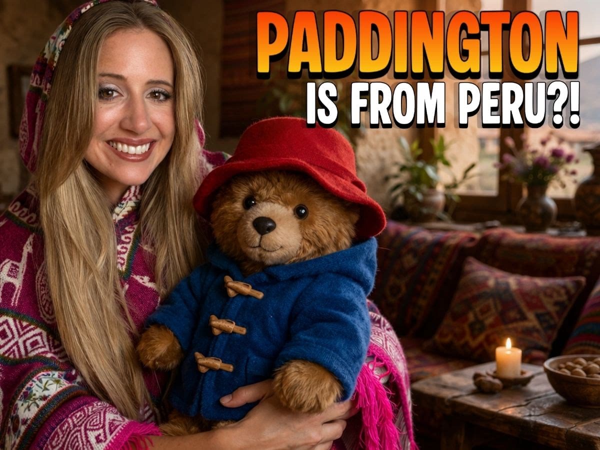 A blonde girl in a pink Peruvian poncho holds paddington, the bear from Peru.