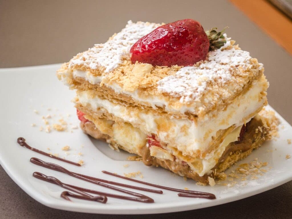 Milhojas de fresa, a delicious Peruvian dessert in Lima, Peru.