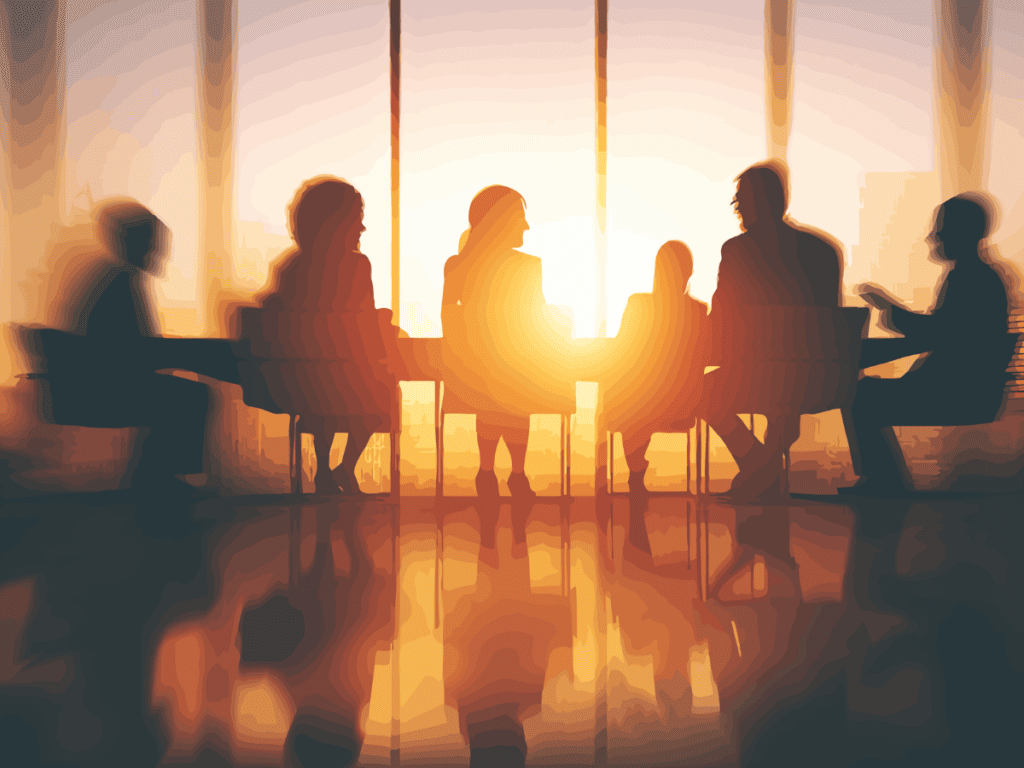 Decision makers talk in a board room.