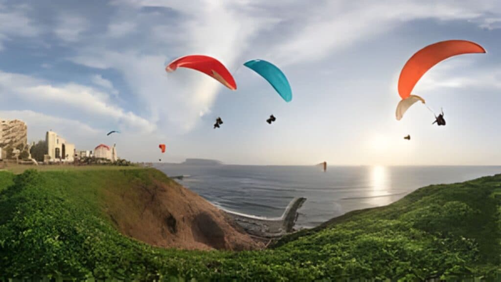Multiple paragliders in Costa verde,  Lima, Peru.