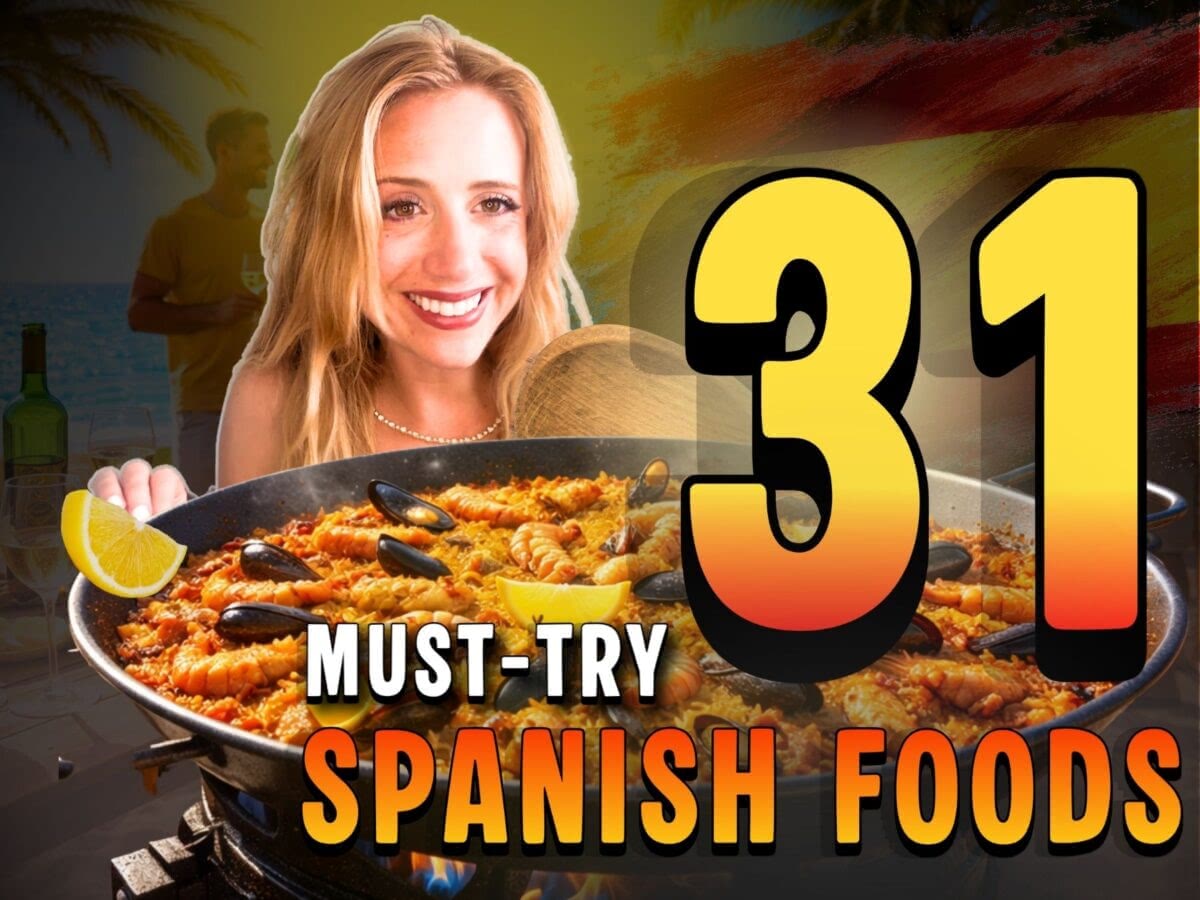 An American girl holds a pan of Spanish paella.