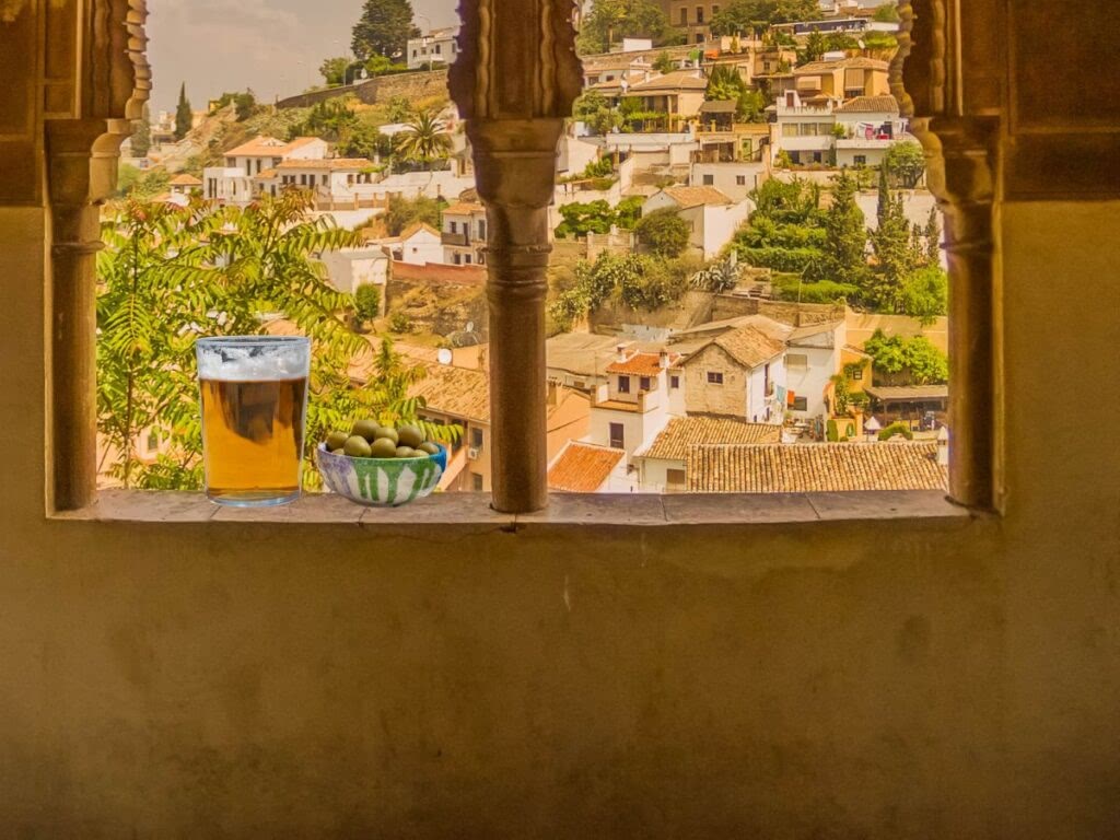 A Spanish beer with olives in Spain.
