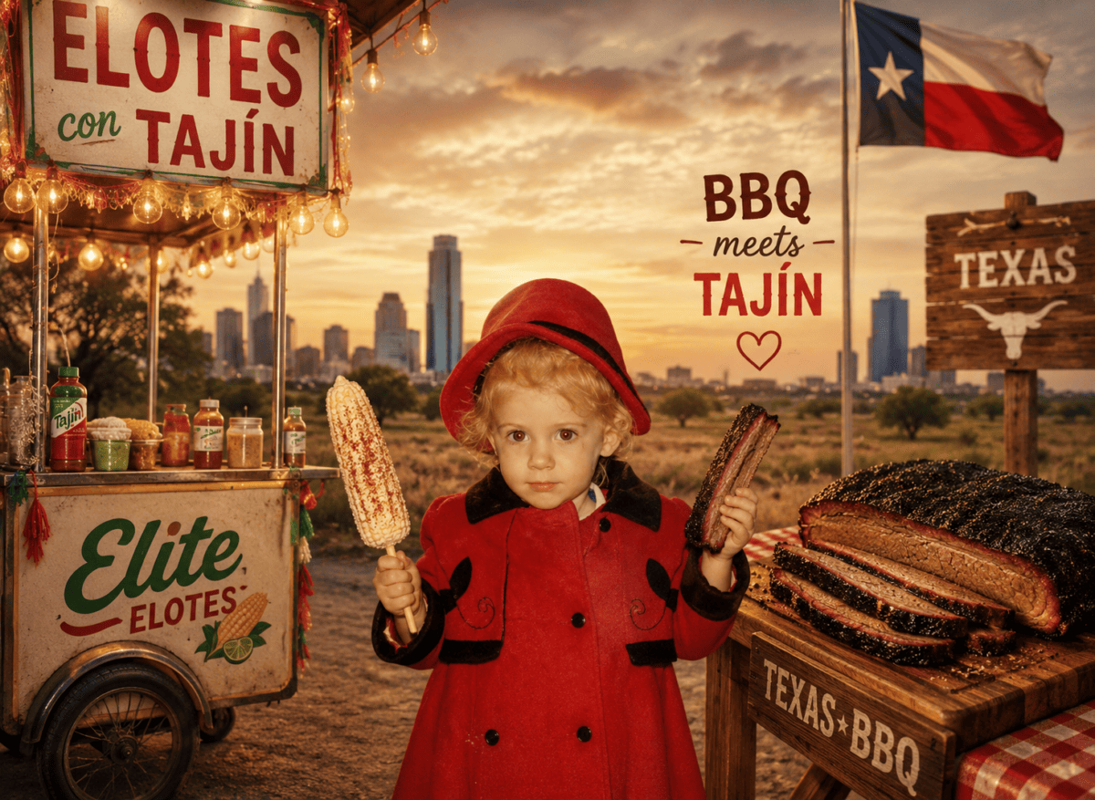 American girl eats Mexican elote and Texas BBQ.