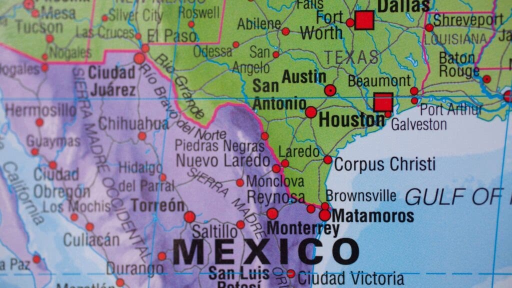 Map of Texas and Mexico.